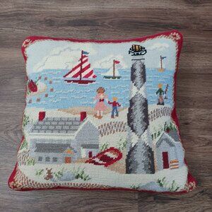 Cape Lookout Lighthouse Sailboat Beach House Needlepoint Pillow 13" x 13"